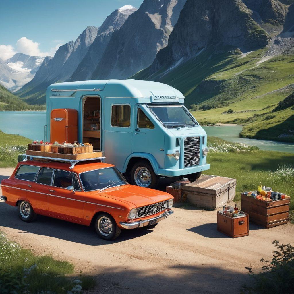 A captivating split-scene showcasing the evolution of Norcold products, with one side depicting vintage ice chests surrounded by a nostalgic picnic setup, and the other side illustrating modern automotive refrigeration systems integrated into sleek vehicles on a winding road. Emphasize versatility by blending outdoor wilderness with urban landscapes. Include details like ice cubes, nature elements, and futuristic vehicle designs. vibrant colors. 3D. hyper-realistic.